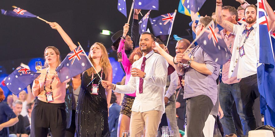 Australia 2015: Guy Sebastian with flags at Eurovision 2015
